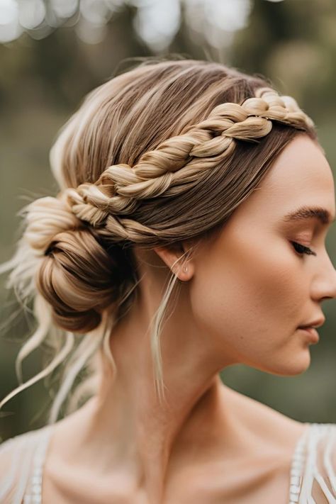 A boho wedding hairstyle with a braided halo, a bump on top and a sleek low bun is a lovely solution for a boho bride Braided Halo, Sleek Low Bun, Bun Wedding, Boho Wedding Hair, Low Bun, Boho Braids, Wedding Hairstyle, Boho Bride, Bump