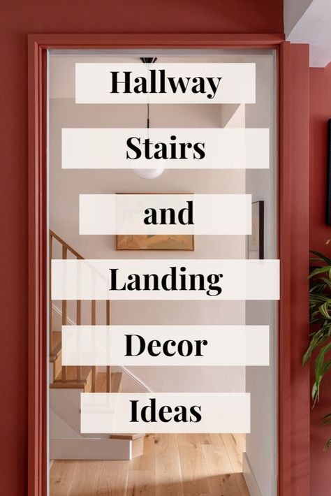 Hallway with bold red walls, minimalist staircase, and elegant decor showcasing stylish hallway stairs and landing ideas. Staircase In Hallway, Stair Landing Entryway, Hallway Glass Bannister Ideas, Modern Stair Landing Decor Ideas, Stairway Entrance Ideas, Hallway Ideas Aesthetic, Stairwell Plant Ideas, All White Hallway, Basement Landing Decor