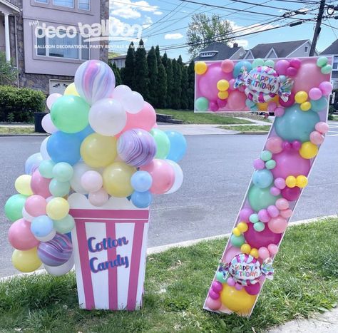 Popcorn Balloon Garland, Cotton Candy Balloon Garland, Cotton Candy Balloons, Candyland Theme Balloon Arch, Candyland Arch Entrance, Candyland Balloon Column, End Of The Year Celebration, Candy Balloons, Candy Cart