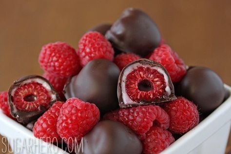 Chocolate-Covered Raspberries | SugarHero.com Chocolate Covered Raspberries, Raspberry Recipes, Chocolate Covered Cherries, Berries Recipes, Candied Pecans, Funnel Cake, Köstliche Desserts, Chocolate Raspberry, Sweet Tarts