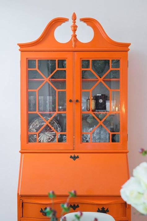 Paint the secretary? Not orange, but something else. Shelves painted as well with a light background. Orange Painted Furniture, Muebles Shabby Chic, Orange Furniture, Brooklyn Brownstone, Boho Color, Orange Decor, Paint Furniture, Redo Furniture, House Tour