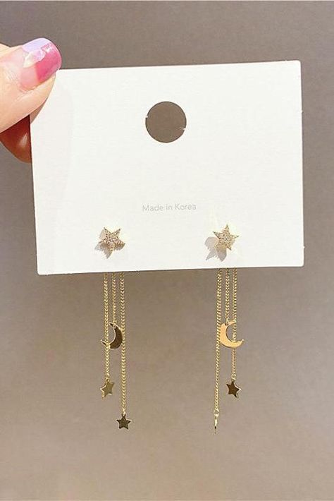 Cute Star Moon Gold Chain Dangle Earring Studs Fashion Jewelry for Women - www.MyBodiArt.com Dangling Star Earrings, Star And Moon Jewelry, Pretty Jewellery Earrings, Dangly Earrings Aesthetic, Celestial Earring, Moon Chain, Star Drop Earrings, Pretty Jewelry Necklaces, Moon And Star Earrings