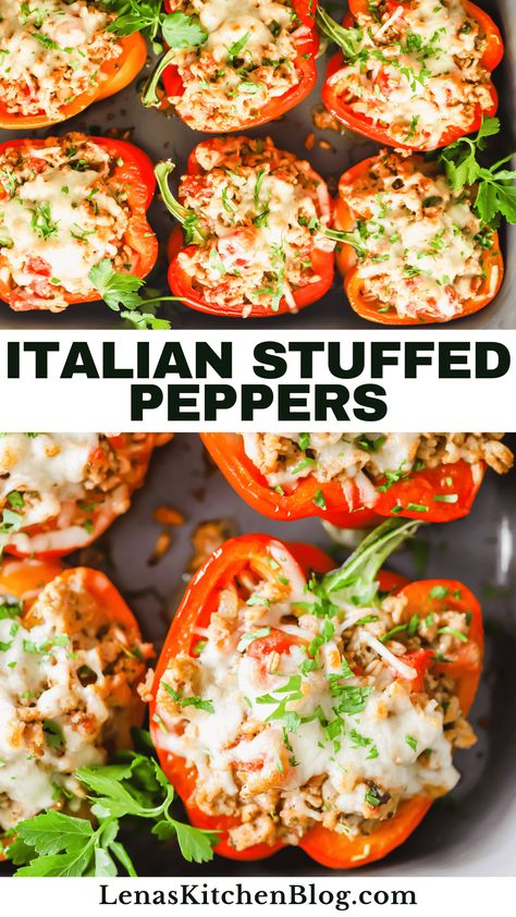 Try this Italian stuffed peppers recipe for a light, healthy, and affordable meal! Juicy ground chicken is combined with tender farro and savory vegetables, then stuffed into your choice of bell peppers. With a layer of melted mozzarella on top, each bite is better than the last. Make it for a quick weeknight dinner, or serve it for guests on special occasions. Chicken Bell Pepper Recipes, Ground Chicken Stuffed Peppers, Healthy Stuffed Bell Peppers, Stuffed Bell Peppers Chicken, Italian Stuffed Peppers, Stuffed Peppers Healthy, Stuffed Peppers Recipe, Stuffed Peppers Turkey, Chicken With Italian Seasoning