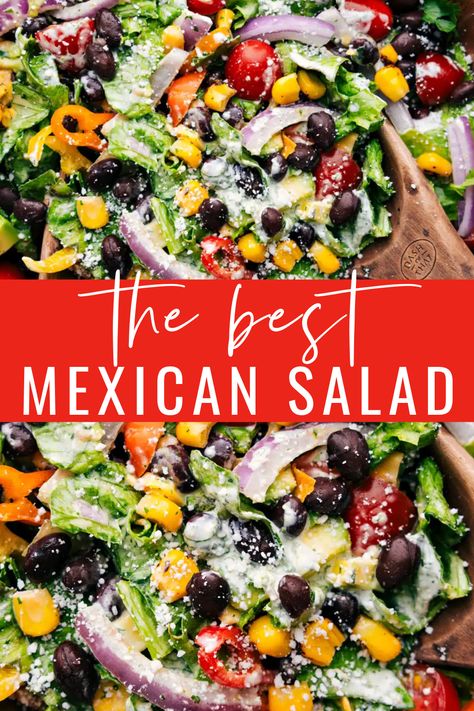 Our favorite Mexican Salad is loaded with black beans, corn, onions, peppers, and tomatoes. Drizzle on our fave cilantro-lime dressing and dig in! #best #quick #easy #simple #dinner #mexicansalad Mexican Fiesta Salad, Chopped Mexican Salad, Mexican Arugula Salad, Best Mexican Salad Recipes, Mexican Dinner Salad, Mexican Salad Recipes Healthy, Mexican Wedge Salad, Salads To Serve With Mexican Food, Mexican Tossed Salad