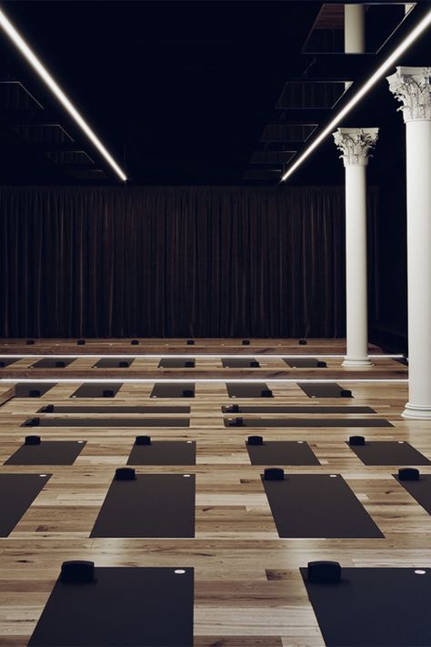 Black Yoga Studio, Classroom Lighting Design, Moody Yoga Studio, Dark Yoga Studio, Yoga Studio Ceiling, Design Yoga Studio, Healing Rooms, Black Floors, Sala Yoga