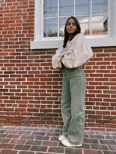 Green Pattern Pants Outfit, Olive Green Jeans Outfit Aesthetic, Cute Outfits Green Pants, Sage Green Crewneck Outfit, Sage Fall Outfit, Cargo Corduroy Pants Outfit, Sage Sweatpants Outfit, Sage Hoodie Outfit, Outfits With Green Corduroy Pants