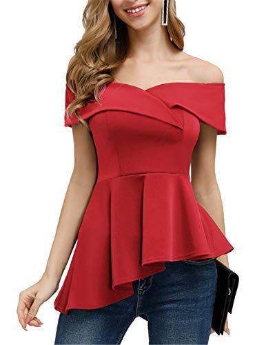 JASAMBAC Women's Off The Shoulder Tops Elegant Asymmetrical Ruffle Peplum Blouse Shirt JASAMBAC Asymmetrical Top Outfit, Womens Peplum Tops, Ruffle Hem Blouse, Off The Shoulder Tops, Wear To Work Dress, Work Dresses For Women, Casual Summer Tops, Shoulder Tops, Elegant Blouses