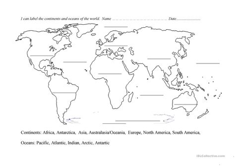 Continents and oceans blank map - English ESL Worksheets for distance learning and physical classrooms Oceans Worksheet, Oceans And Continents, World Map Coloring Page, Map Of Continents, Blank World Map, Map Skills Worksheets, World Map Continents, Kindergarten Names, Geography Worksheets