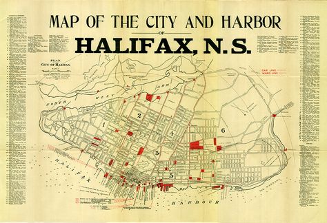 A colour map of Halifax and Halifax Harbour Halifax Explosion, Halifax Harbour, Nova Scotia Travel, Halifax Nova Scotia, Map Decor, Old Maps, Quebec Canada, Nova Scotia, Map