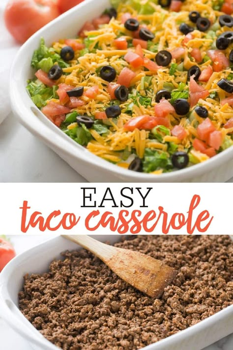 This delicious Taco Casserole is like a taco salad in casserole form! With a ground beef and biscuit base, layers of sour cream, lettuce, tomatoes, cheese, and olives, this taco bake is perfect for dinner or your next potluck. #tacocasserole #casserole #tacorecipe #taco #potlucktacocasserole Easy Taco Bake Casserole, Taco Bake Casserole, Easy Taco Bake, Taco Casserole Bake, Easy Taco Casserole, Baked Tacos Recipe, Taco Bake, Taco Casserole, Baked Casserole