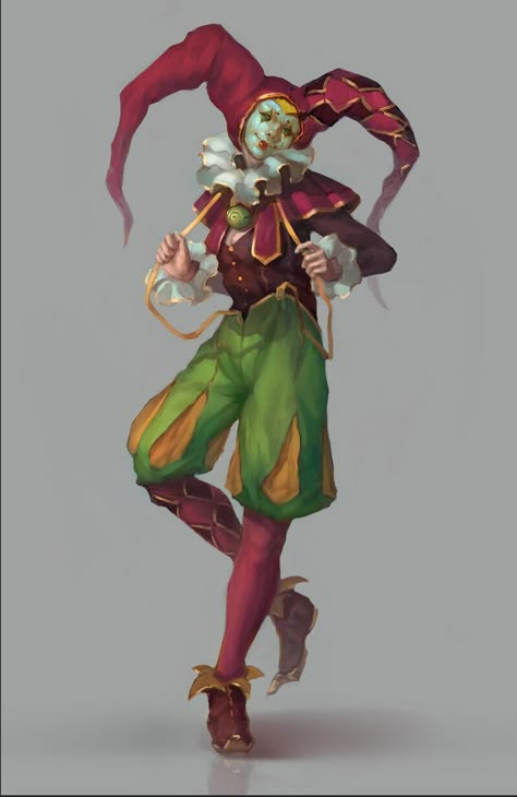 Medieval Jester Character Design, Court Jester Aesthetic Outfit, Acrobat Clothes, Carnival Character Design, Female Jester Art, The Fool Drawing, Fantasy Jester Art, Circus Character Art, Jester Outfit Aesthetic