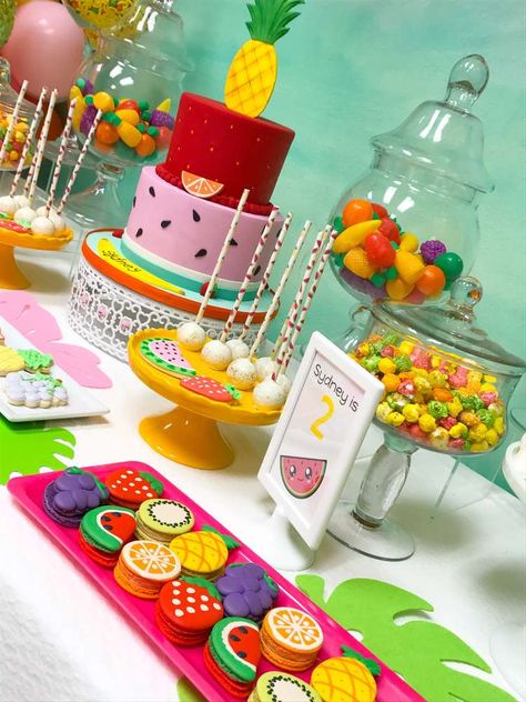 Sydney's Two-tii Fruity 2nd Birthday | CatchMyParty.com Fruit Party Theme, Tutti Fruity Party, Twotti Fruity, Tutti Frutti Birthday Party, Fruit Birthday Party, 2nd Birthday Party For Girl, Fruit Birthday, Second Birthday Ideas, Fiesta Tropical