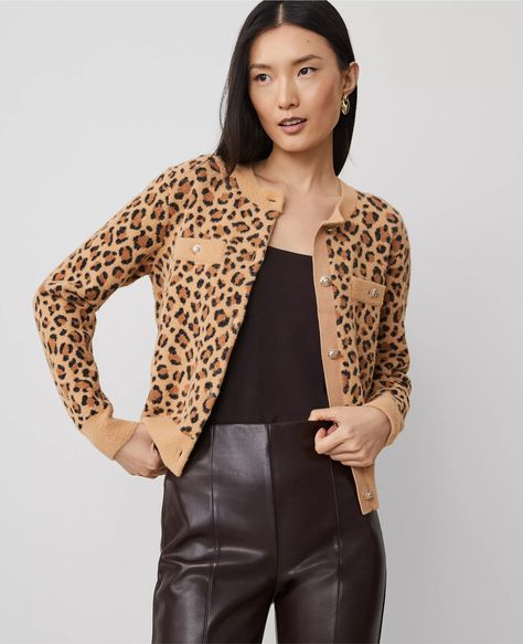 Leopard Print Cardigan Cheetah Cardigan, Wave Sweater, Petite Maxi Dress, Chic Cardigan, Petite Sweaters, Leopard Print Cardigan, Knitted Suit, Work Clothing, Tan Woman