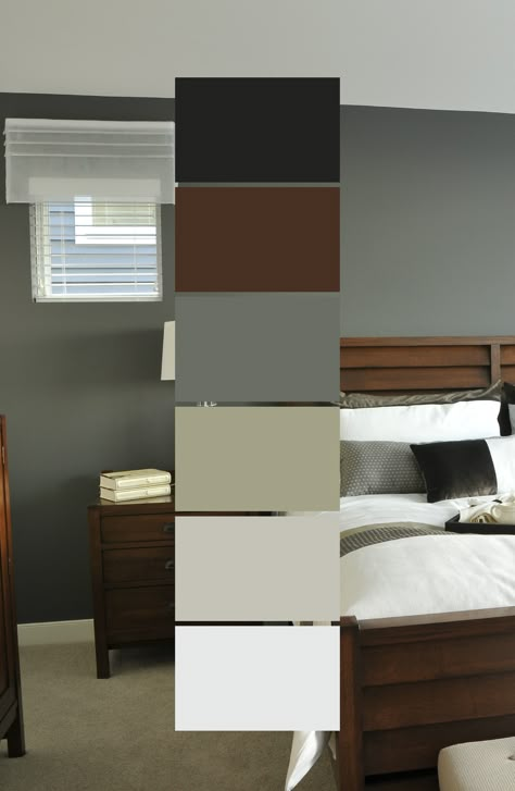 Bedroom Colour With Brown Furniture, Gray Green Black Color Palette, Room Colour Aesthetic, Wall Colour For Brown Furniture, Gray White Brown Bedroom, Brown Bedroom Furniture Colour Schemes, White Gray And Brown House Interior, Bedroom Color Palette Grey, Dark Wood Color Palette Bedroom