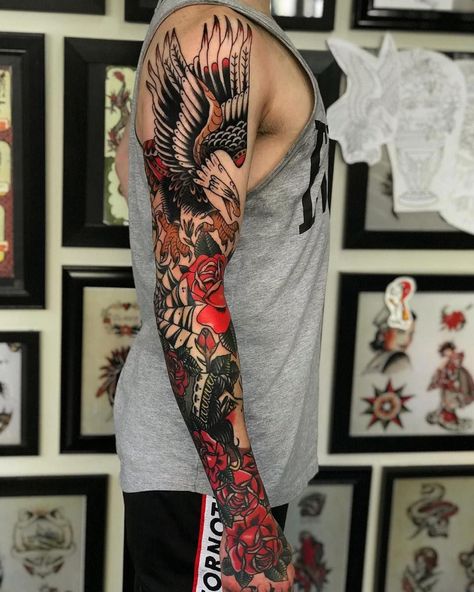 Old School Sleeve, American Traditional Sleeve, Music Tattoo Sleeves, Christian Sleeve Tattoo, Traditional Sleeve, Tattoos Mandala, Traditional Tattoo Sleeve, Disney Tattoo, Old School Tattoo Designs