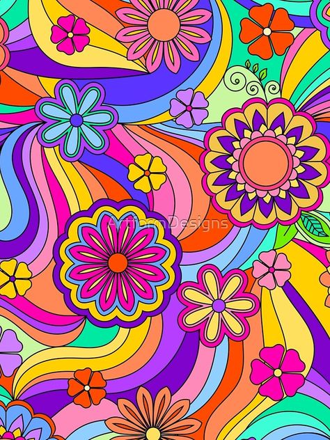 "Groovy Psychedelic Flower Power" A-Line Dress by ArtformDesigns | Redbubble Flower Power Art, Boho Background, Trippy Designs, Color Design Inspiration, Hippie Painting, Hippie Flowers, Hippie Wallpaper, Rainbow Wallpaper, Bullet Journal Lettering Ideas