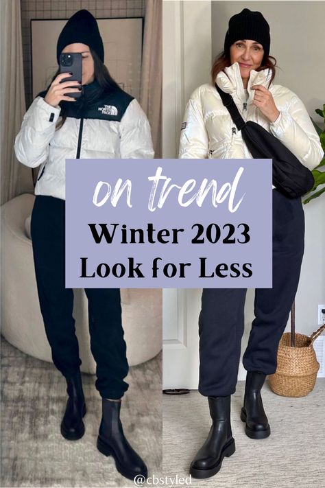 Denim Joggers Outfit Winter, Black Jogger Outfit Winter, Jogger Pants And Boots Outfit, Boots With Joggers Outfit, Black Snow Boots Outfit, Black Joggers Outfit Casual Winter, Black Joggers Outfit Winter, Winter Jogger Outfits Women, Black Boots Outfit Casual