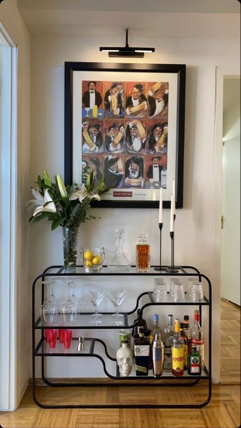 Long Bar Cart, Modern Apt Decorating Ideas, Bar Cart Plants, Apartment Bar Set Up, Bar Cart Alternative, Apartment Bar Cabinet, Plant Bar Cart, Bar Cart Eclectic, Moody Bar Aesthetic