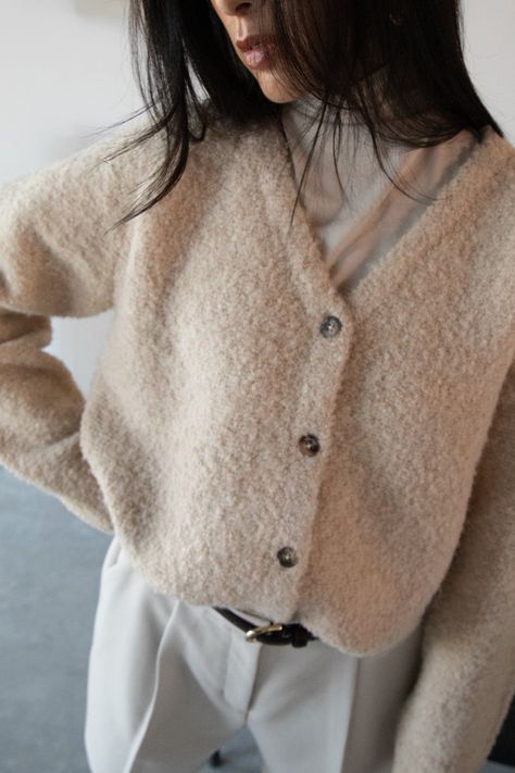 BOUCLE KNIT BUTTON FRONT CARDIGAN Boucle Knitwear, Boucle Knit, Button Front Cardigan, Modern Lifestyle, Knit Hoodie, Fall Jackets, New Tops, Oversized Fits, Brown Sugar