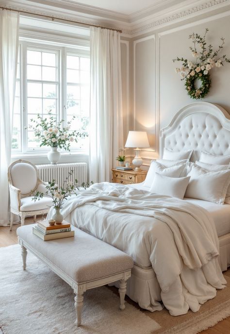 White Bedroom Ideas French White Bedroom, Romantic White Bedroom, Modern Luxury Bedroom White, Modern Antique Bedroom, White Victorian Bedroom, Antique White Bedroom, Elegant White Bedroom, Vintage White Bedroom, Rustic Farmhouse Bedroom