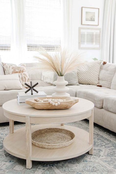 Looking for a budget friendly coffee table? After months of researching I finally chose one for our living room! Keep reading for an affordable coffee table round up. | round coffee table, coastal farmhouse, whitewash wood coffee table, budget friendly living room decor, neutral living room Round Coffee Table Styling, Round Coffee Table Decor, Affordable Coffee Tables, Minimalist Fall Decor, Minimal Coffee Table, Coffee Table Decor Living Room, White Coffee Table, Stile Boho Chic, Farmhouse Table Runners