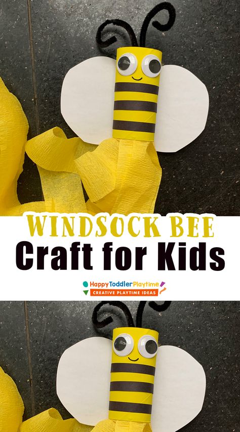 Windsock Bee Craft - Happy Toddler Playtime Bumblebee Art Preschool, Toddler Bee Craft, Bumblebee Art For Toddlers, Bee Crafts For Toddlers, Preschool Bumblebee Craft, Toddler Bumble Bee Craft, Bee Crafts Preschool, Windsock Craft, Bee Crafts For Kids