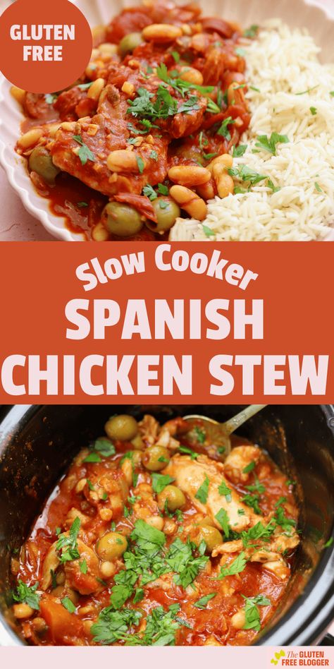 Slow Cooker Spanish Chicken Spanish Chicken Stew, Spanish Chicken Recipes, Gluten Free Slow Cooker Recipes, Mediterranean Tomato, Spanish Stew, Gluten Free Fall Recipes, Bagel Recipe Easy, Spanish Rice Recipe, Harissa Chicken