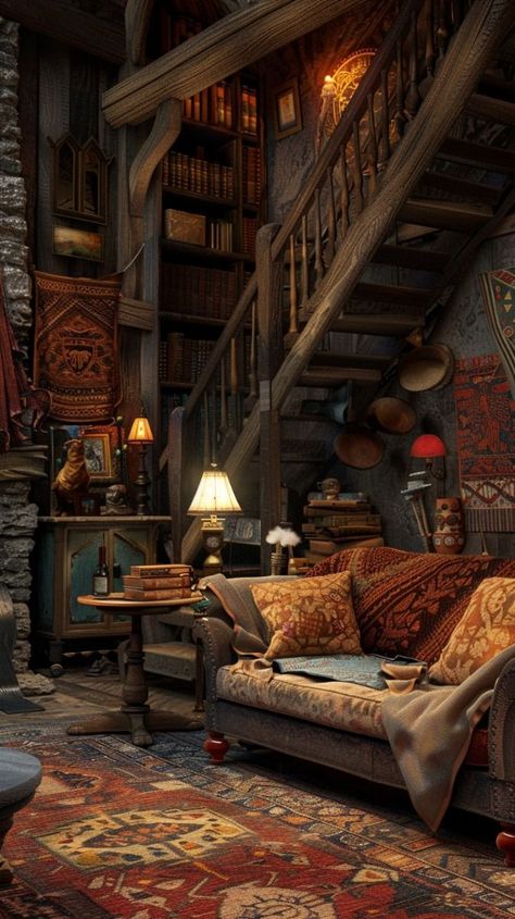 Fantasy House Interior Design, Fantasy Cabin Interior, Medieval House Interior, Fantasy Cottage Interior, Fantasy House Interior, Medieval Living Room, Fairy Tale Homes, Fantasy Cabin, Fantasy Interior