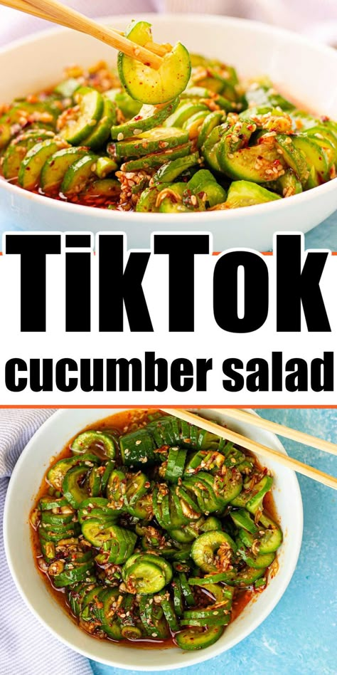 TikTok cucumber salad Korean style can be spicy or mild. Cold vegetable side dish with tons of flavor, Crunchy vegetarian dish. Creamy Cucumber Salad Dressing Recipe, Cucumber Sesame Oil, Cucumber With Chili Oil, Cucumber And Rice Recipes, Tangy Cucumber Salad, Chili Oil Cucumber Salad, Vinegar Cucumbers Recipe, Light Easy Lunch Ideas, Cucumber Rice Vinegar Salad