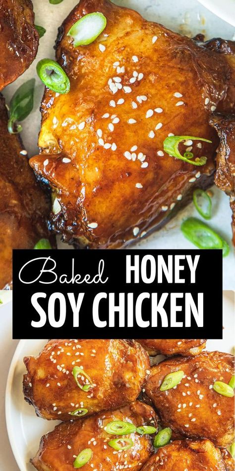 Baked Honey Soy Chicken - Moist, tender and juicy chicken thighs marinated with honey, soy sauce, ginger, garlic, and baked in oven. Super easy! Chicken Best, Juicy Chicken Thighs, Honey Soy Chicken, New Chicken Recipes, Southern Thanksgiving Menu, Soy Chicken, Rasa Malaysia, Chicken Appetizers, Takeout Food