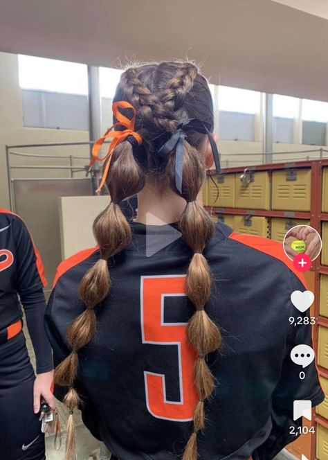 Rugby Hairstyles Braids, Bubble Braid Into Braid, Low Pony Volleyball Hairstyles, Unique Softball Hairstyles, V Ball Hairstyles, Softball Hair With Ribbon, Quick And Easy Softball Hairstyles, Crazy Volleyball Hairstyles, Race Day Braids