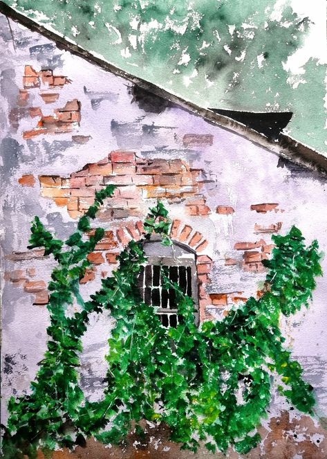 Watercolor painting demo on handmade paper - An old house wall covered with creeper plants https://youtu.be/5vPmUw1q7B0 The textures in this scene were especially appealing to me. Material: - Watercolor - Chitrapat handmade paper (A3 size) Original reference photograph by Suhas Ekbote. Shirish https://HuesAndTones.net Vines On Building Drawing, Creeper Painting, Entwined Art, Bookmark Inspiration, Creeper Plants, Houses Illustration, 2024 Creative, Lovely Houses, Creepers Plants