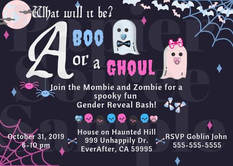 Gender Reveal October, Spooky Gender Reveal Ideas, Cute Gender Reveal, Halloween Themed Party, Halloween Gender Reveal, Cute Gender, Halloween Invite, Shower Items, Gender Reveal Party Games