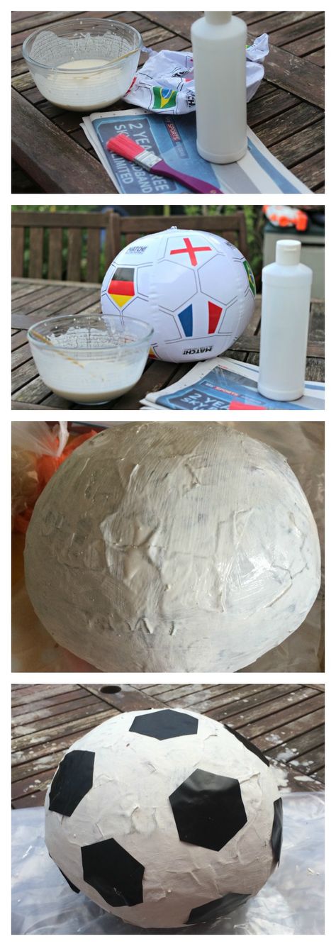 how to make a football soccer ball piñata How To Make A Soccer Ball Pinata, Soccer Pinata Diy, Paper Mache Football, Football Piñata, Soccer Pinata, Olympics Preschool, Soccer Ball Crafts, Summer Camp Art, Power Ranger Party