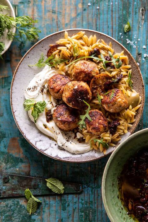 ****One Skillet Greek Meatballs and Lemon Butter Orzo | halfbakedharvest.com Lemon Butter Orzo, Butter Orzo, Half Baked Harvest Recipes, Greek Meatballs, One Skillet, Whipped Feta, Harvest Recipes, Half Baked, Half Baked Harvest