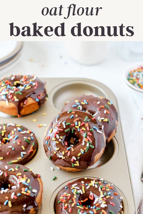 Oatmeal Donuts Baked, Oat Donut Recipe, Easy Healthy Donut Recipe, Oat Flour Donut Recipe, Healthy Donut Recipe Kids, Gluten Free Oat Flour Recipes, Baking With Oat Flour, Oat Flour Dessert Recipes, Healthy Baked Donut Recipes