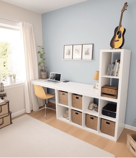 Ikea Kallax Desk Hack, Kallax Office, Ikea Kallax Desk, Playroom Desk, Box Room Bedroom Ideas, Kids Room Desk, Shared Girls Bedroom, Student Room, Ikea Bedroom