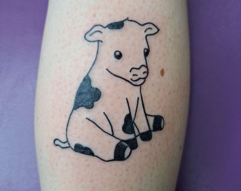 Baby Calf Tattoo, Calf Cow Tattoo, Cow Matching Tattoo, Simple Cow Tattoo Ideas, Cute Cow Tattoo Ideas, Calf On Calf Tattoo, Cow Tatoos Cute, Funny Cow Tattoo, Farm Animal Tattoo