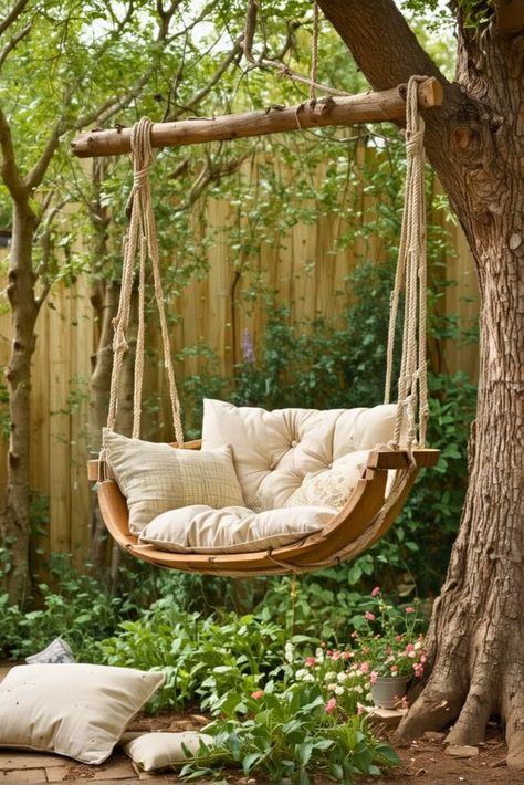 Chair Hammock Outdoor, Cozy Outdoor Reading Nook, Outdoor Swings For Adults Backyards, Wood Swings Outdoor, Hanging Chairs Outside, Porch Swings Hanging Ideas, Wooden Swing In Living Room, Woods Hangout Spot, Tree Swing Ideas