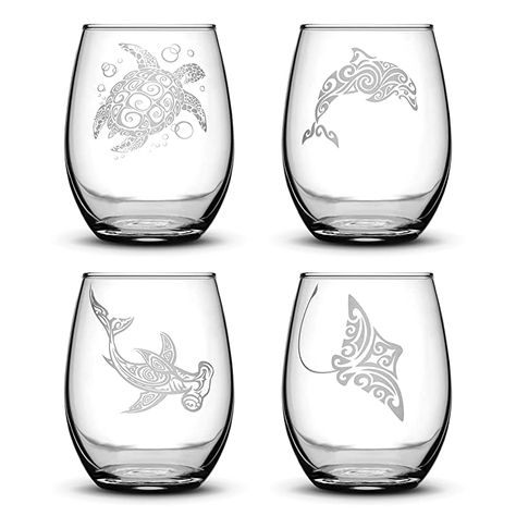 Amazon.com: Integrity Bottles Set of 4, Sea Animal Stemless Wine Glass, Sea Turtle, Dolphin, Hammerhead Shark, Eagle Ray, Made in USA, Tribal Design, Hand Etched 14.2 oz Unique Gifts, Sand Carved: Handmade Sandblasting Ideas, Glass Sea Turtle, Etched Gifts, Glass Etching Projects, Glass Etching Designs, Eagle Ray, Etched Wine Glasses, Search Google, Wine Glass Crafts