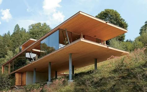 Timber House Plans, Glass House Architecture, Cross Laminated Timber, Arched Cabin, Slope House, Hillside House, House On Stilts, Timber House, A Hill