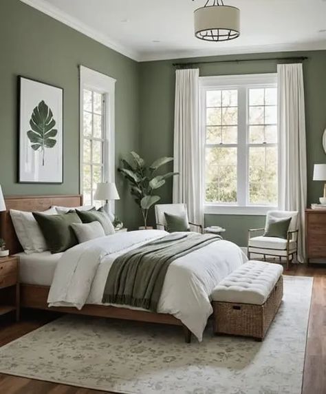 Green Tan Black Bedroom, Green Bedroom Brown Furniture, Master Bedrooms Decor Cozy Green, Green Guest Room Ideas, Evergreen Bedroom Ideas, White And Olive Green Bedroom, Green And Cream Bedroom Ideas, Sage Green And Black Bedroom, Guest Room Green