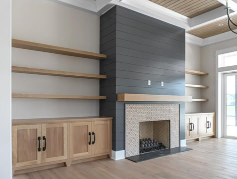 River City Custom Cabinetry on Instagram: “Beautiful white oak cabinetry and floating shelves. 🤩 @rivercitycustomcabinetry @lisaginteriordesign @architecturalclassics . . . . . . .…” Fireplace Mantle And Built Ins, Floating Shelves Over Built In Cabinet, Built In Bookcase Next To Fireplace, Built Ins On Side Of Fireplace, Custom Built In Shelves, Long Built In Shelves, Fireplace Flanked By Bookcases, Fireplace Tv Wall High Ceiling, Shelves Either Side Of Fireplace