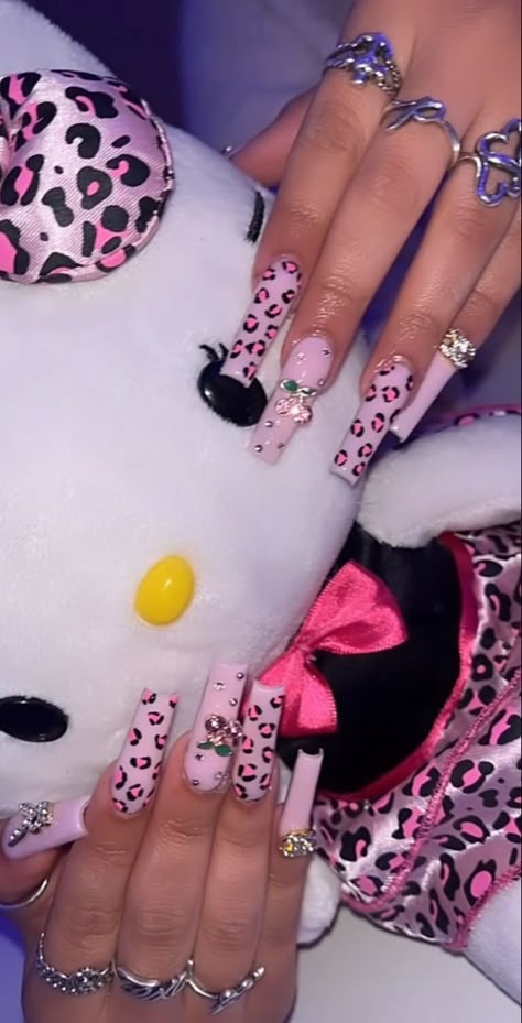 Kitty Nails, Square Acrylic Nails, Nails Acrylic, Pink Yellow, Stuffed Animal, Acrylic Nails, Hello Kitty, Nail Polish, Kitty