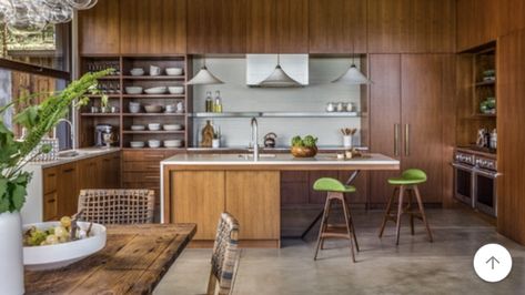 Kitchen colors- Warm walnut cabinets, gray concrete floor, white concrete countertops and concrete backsplash, bronze cabinet pulls (Ashley norton) Asian Kitchen Design, Vineyard House, Asian Kitchen, Brown Cabinets, Kitchen Cabinet Remodel, Mid Century Kitchen, Wood Cabinets, Beautiful Kitchens, Contemporary Kitchen