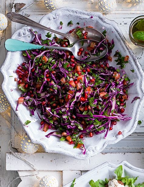 Tabbouleh Salad    We’ve ditched the bulgar wheat, but kept all the herby loveliness of a classic tabbouleh in this ruby winter slaw. Sprinkle some sumac over the slaw before serving, if you like. Christmas Vegetables Side Dishes, Red Cabbage Slaw Recipes, Winter Slaw, Tabbouleh Salad Recipe, Arabisk Mad, Roasted Cabbage Steaks, Bulgar Wheat, Red Cabbage Slaw, Persian Recipes