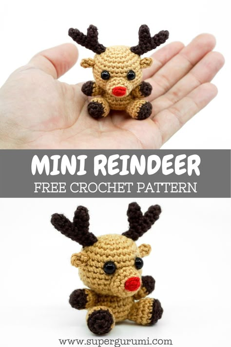 Free Reindeer Crochet Pattern by Supergurumi. This cute reindeer is a great decorative figurine, gift or key chain. Visit Supergurumi for many more crochet patterns. #amigurumi #crochet #crochetpattern #reindeer #christmas Reindeer Crochet Pattern, Mini Reindeer, Amigurumi Reindeer, Reindeer Crochet, Crochet Xmas, Pola Amigurumi, Crochet Christmas Decorations, Crochet Animals Free Patterns, Crochet Amigurumi Free