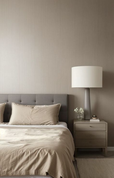 Beige And Grey Bedroom, Grey Platform Bed, Grey Bed, Bedroom Aesthetics, Matching Nightstands, Modern Minimalist Bedroom, Beige Wall, Beige Bed, Grey Room