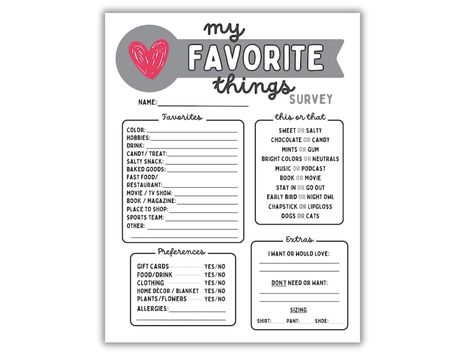 My Favorite Things Survey Questionnaire Employee Favorites All About Me Favorites Survey Fillable PDF File - Etsy Teacher Preference Survey, Secret Santa Gift Questionnaire, Best Friend Favorite Things List, Staff Questionnaire Favorite Things, Secret Santa Gift Exchange Questionnaire, Favorite Things Questionnaire, Gift Questionnaire For Friends, Teacher Gift Questionnaire, Favorite Things List Boyfriend