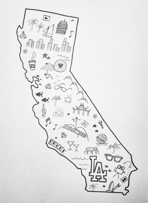 Los Angeles (LA)  California Doddle by Me :) Los Angeles Doodles, California Drawing Ideas, California Doodle, Los Angeles Drawing, California Drawing, Doodle Tshirt, Travel Graphics, My Adventure Book, Los Angeles Tattoo